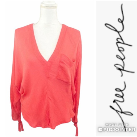 Free People Top Red Rouge Size S Gauze Long Sleeve Dolman Sleeve V-Neck Boho - Picture 1 of 10
